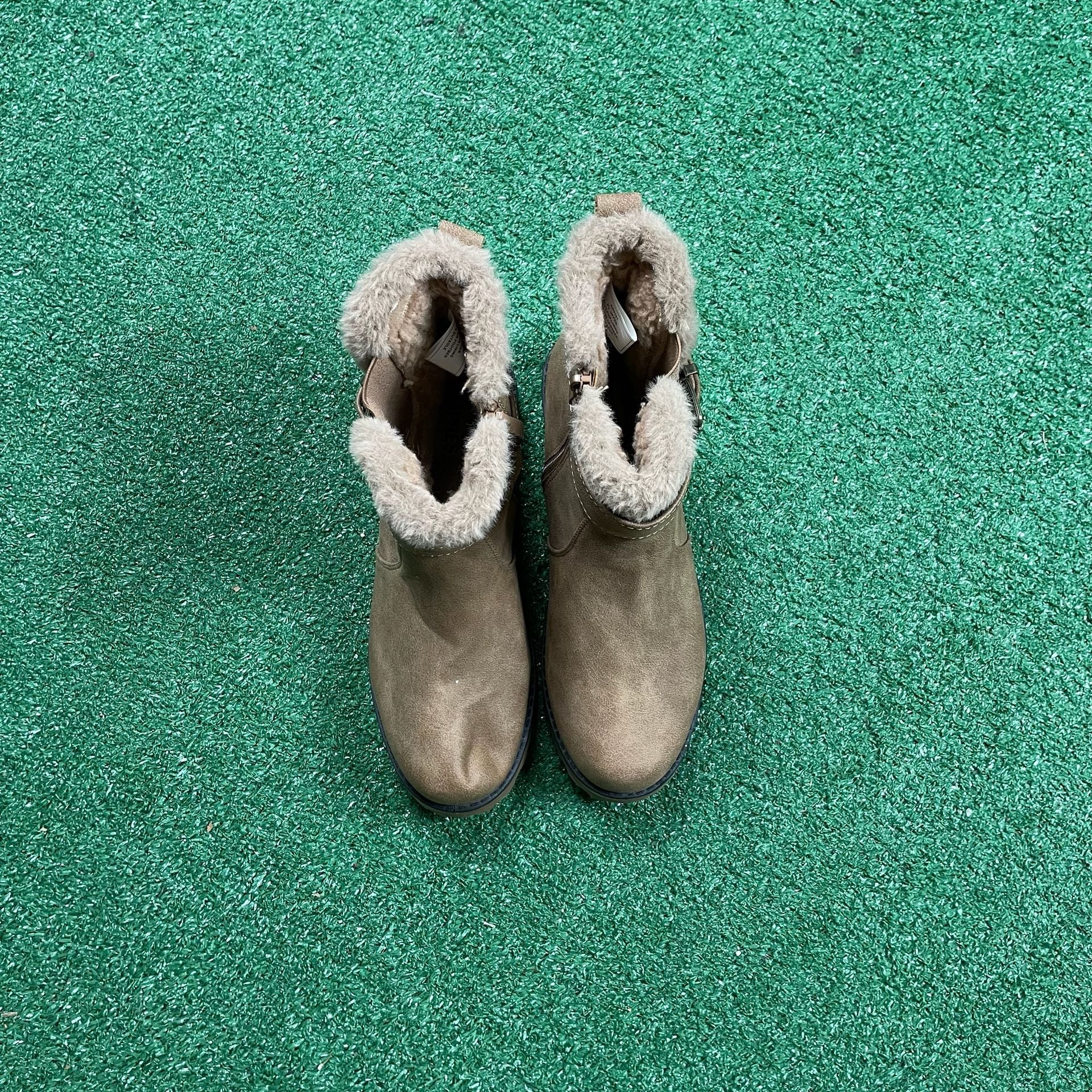 Faux Fur Lined Ankle Boots Size 8 Brown Faux Suede Buckle Zipper 4