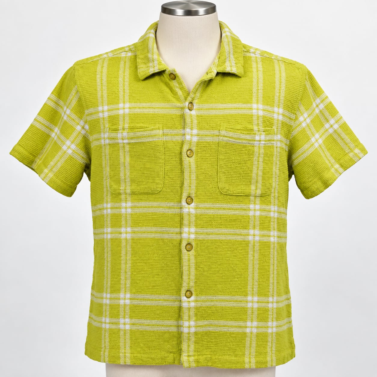 OBEY Men’s Large Lime Green Plaid Waffle Knit Short Sleeve Button-Up Shirt 2