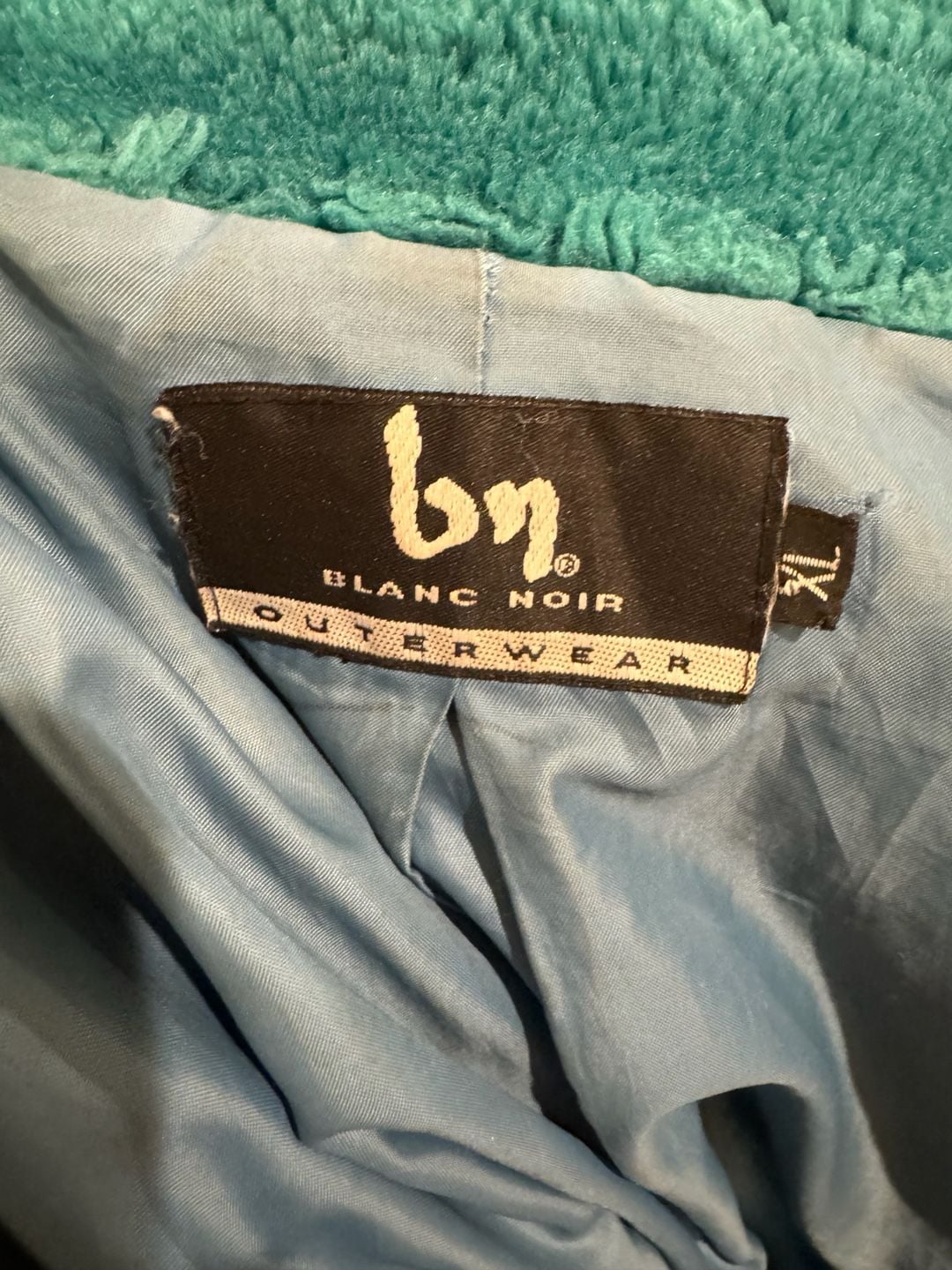 Blanc Noir Faux Fur Leopard Coat Size XL Teal Collar 3