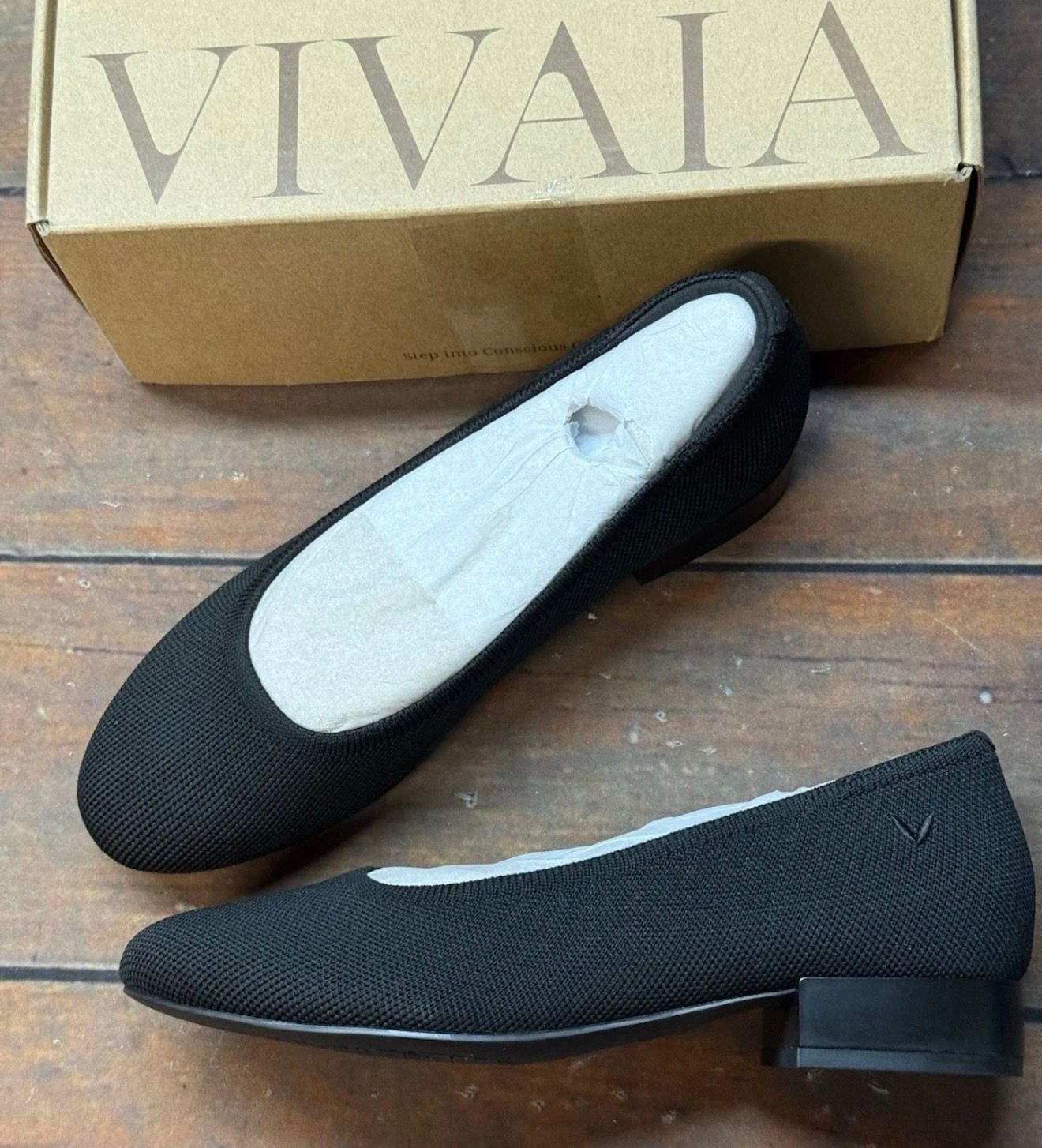 Vivaia Barbara Block Heel Flats Size 37 US 6.5 Black Knit 2