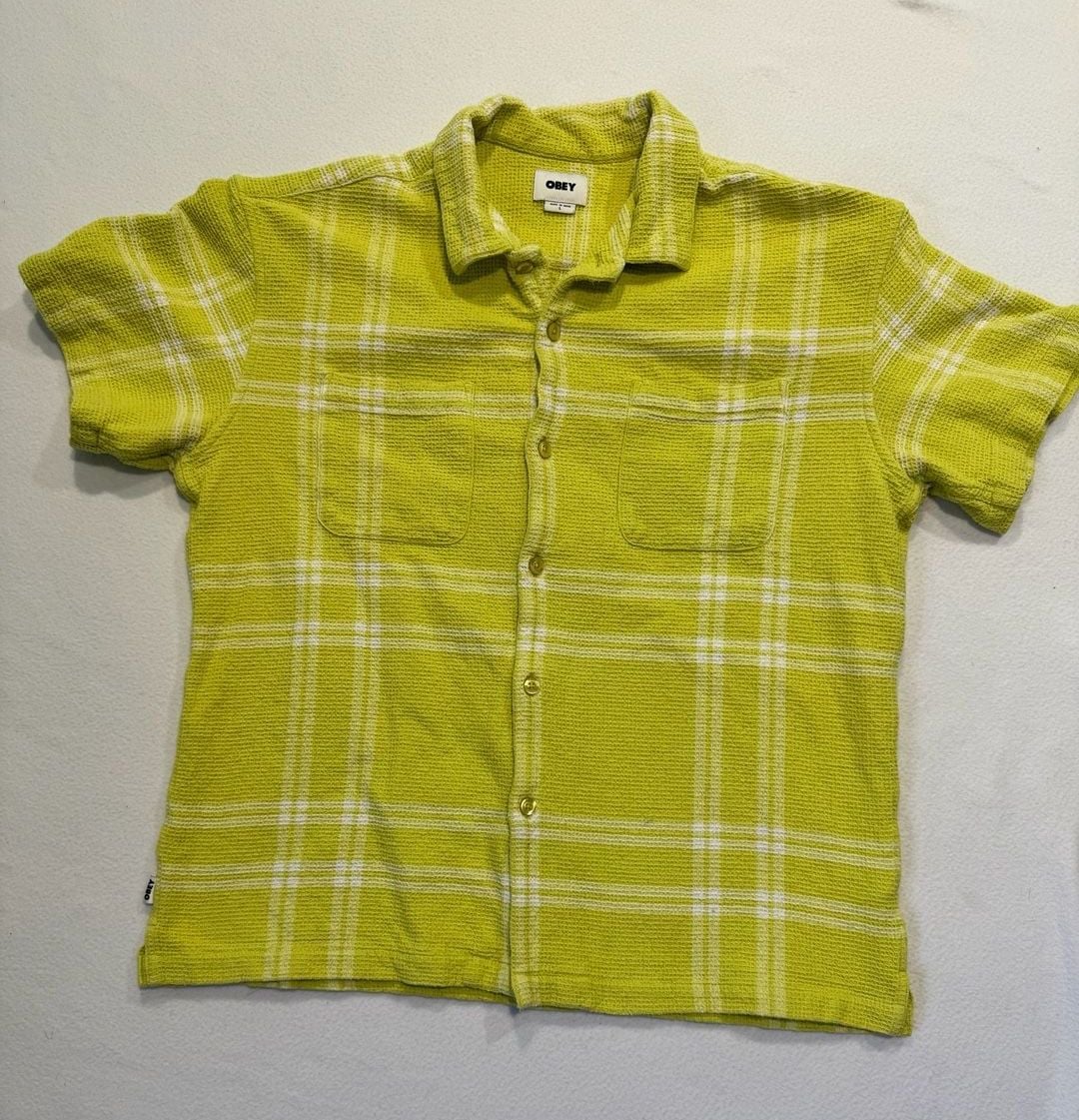 OBEY Men’s Large Lime Green Plaid Waffle Knit Short Sleeve Button-Up Shirt 9