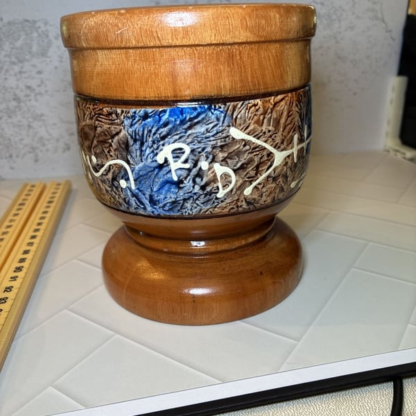 Handmade Wooden Carved Pedestal Morter  Blue Brown Decorative Design