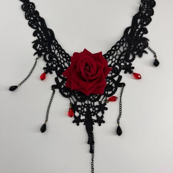 Gothic Black Lace Red Rose Choker Necklace Victorian Vampire Statement Jewelry