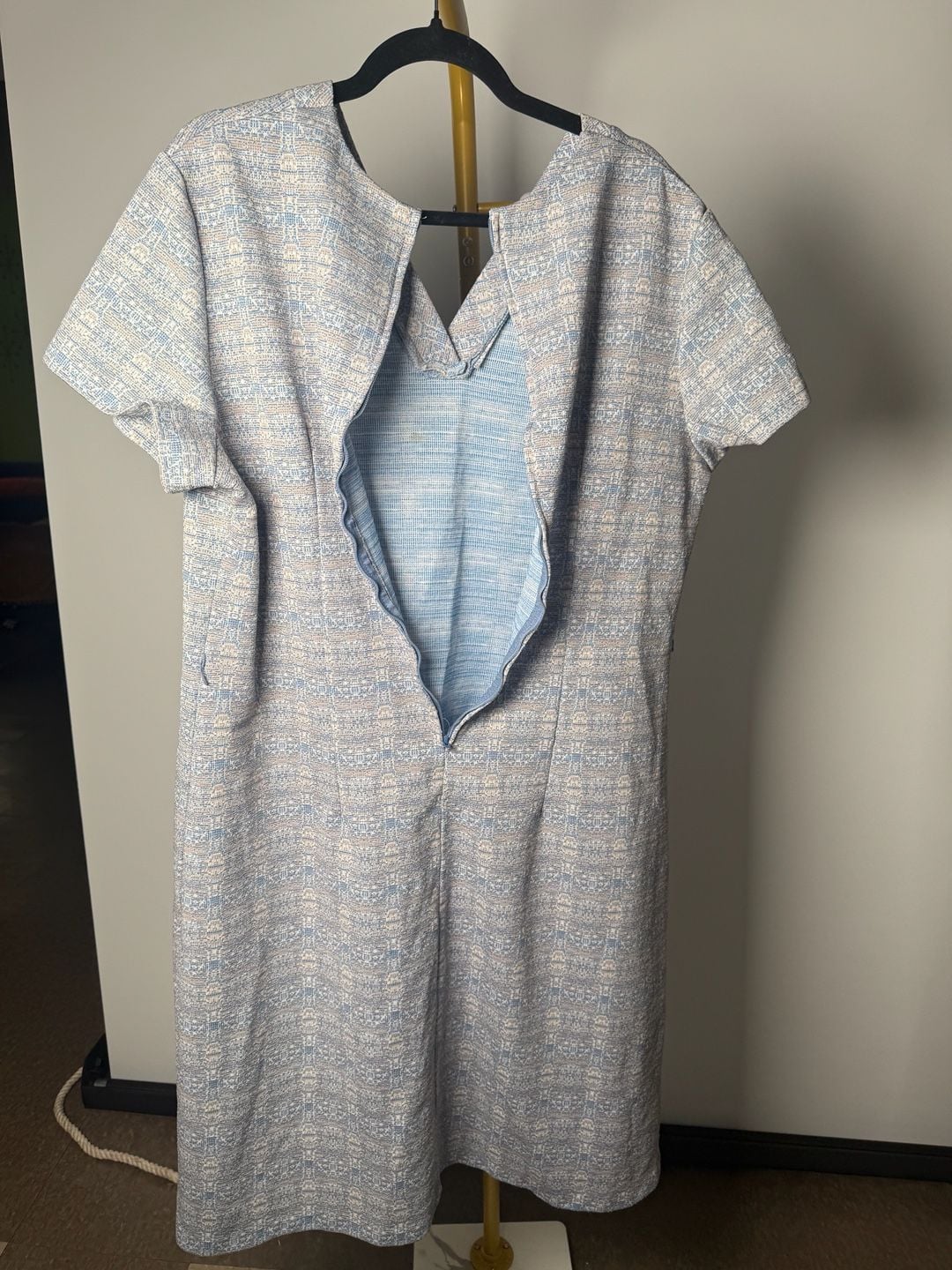 Vintage 70s Dress Blue Beige Tweed Sheath XXL 7