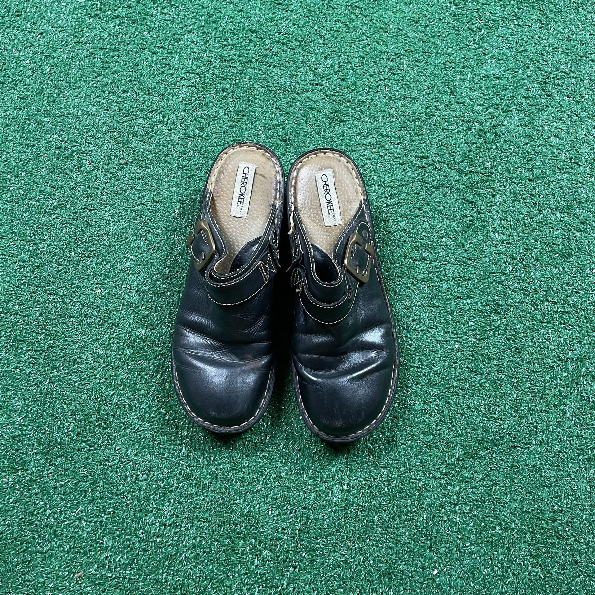 Cherokee Leather Mules Size 9 Black Buckle Clogs 2