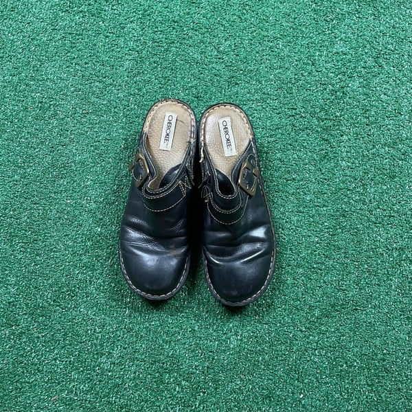 Cherokee Leather Mules Size 9 Black Buckle Clogs