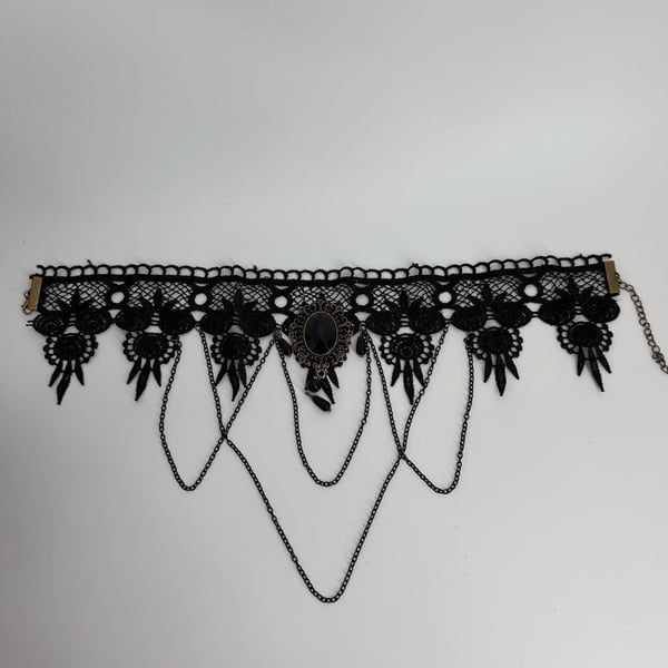 Gothic Black Lace Cameo Choker Necklace Victorian Draped Chain Statement Jewelry
