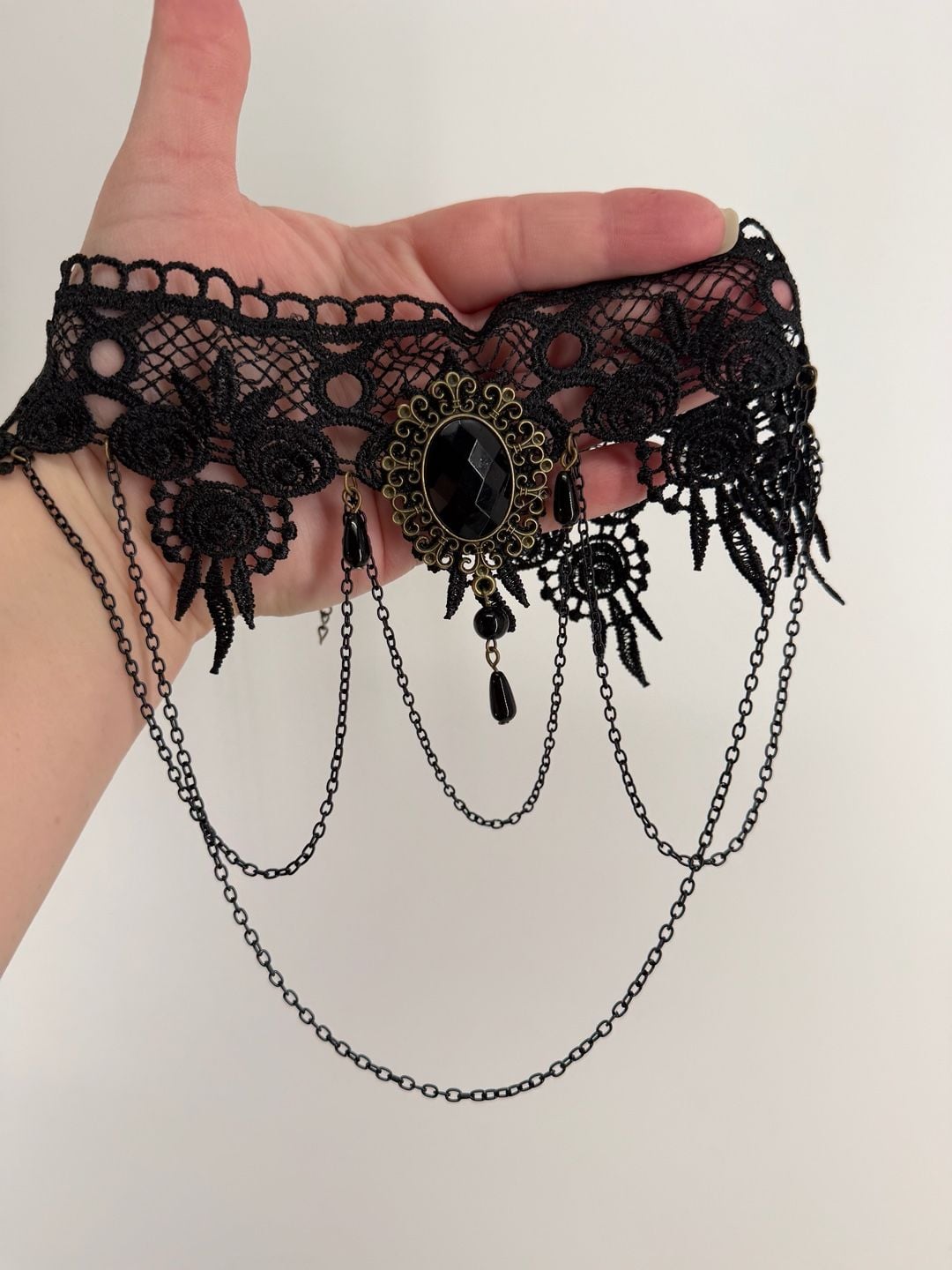Gothic Black Lace Cameo Choker Necklace Victorian Draped Chain Statement Jewelry 5