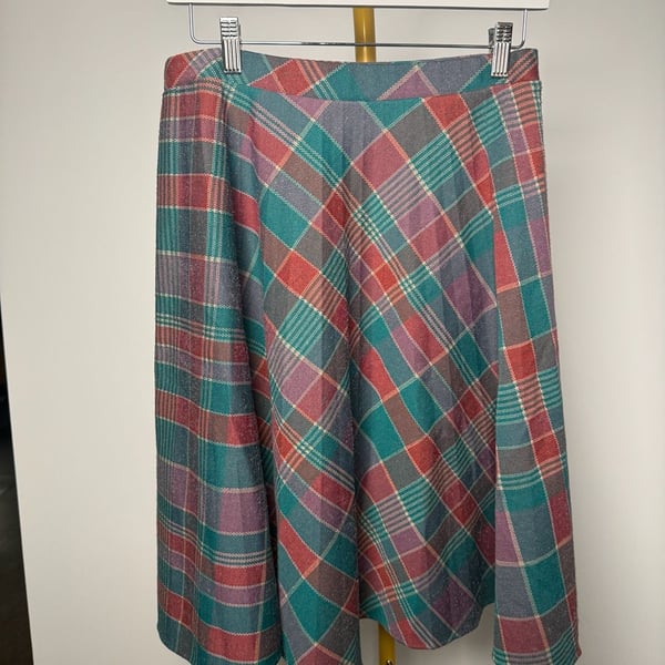 Vintage Plaid Midi Skirt Multicolor Wool