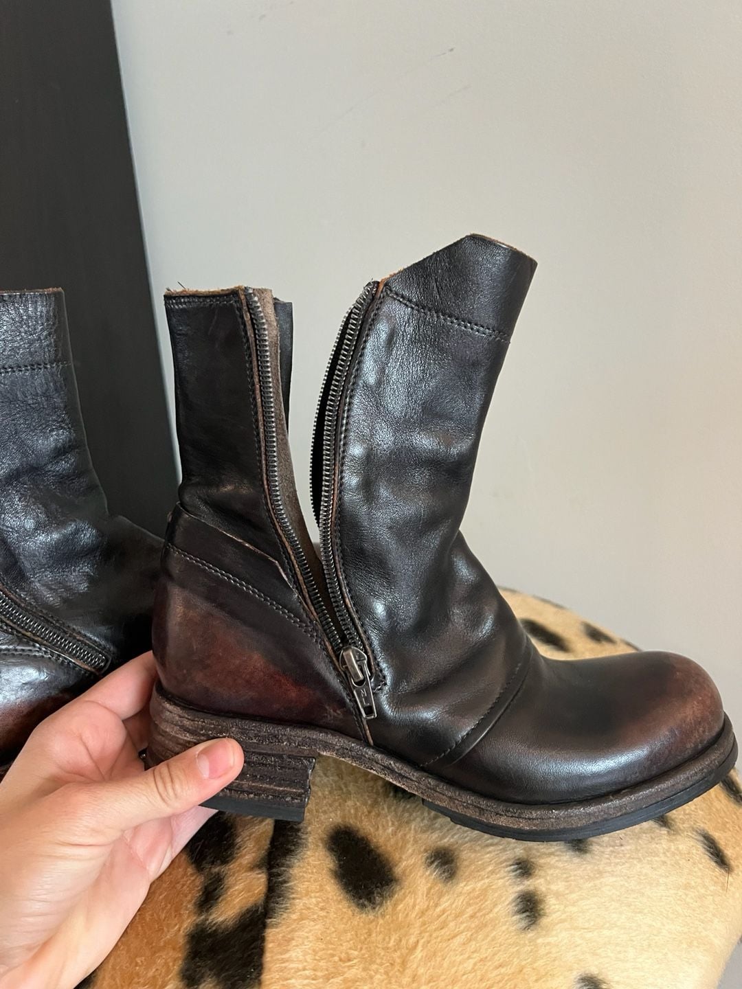 Shoto Leather Zip Boots Size 35 Distressed Black Brown Ankle Boots 11