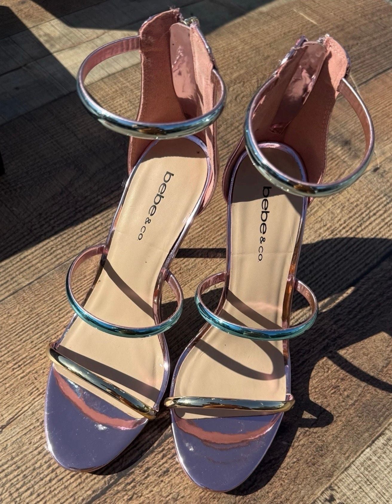 Bebe Berdine Size 8.5 M Pink Metallic Strappy Stiletto Heel Sandals 2