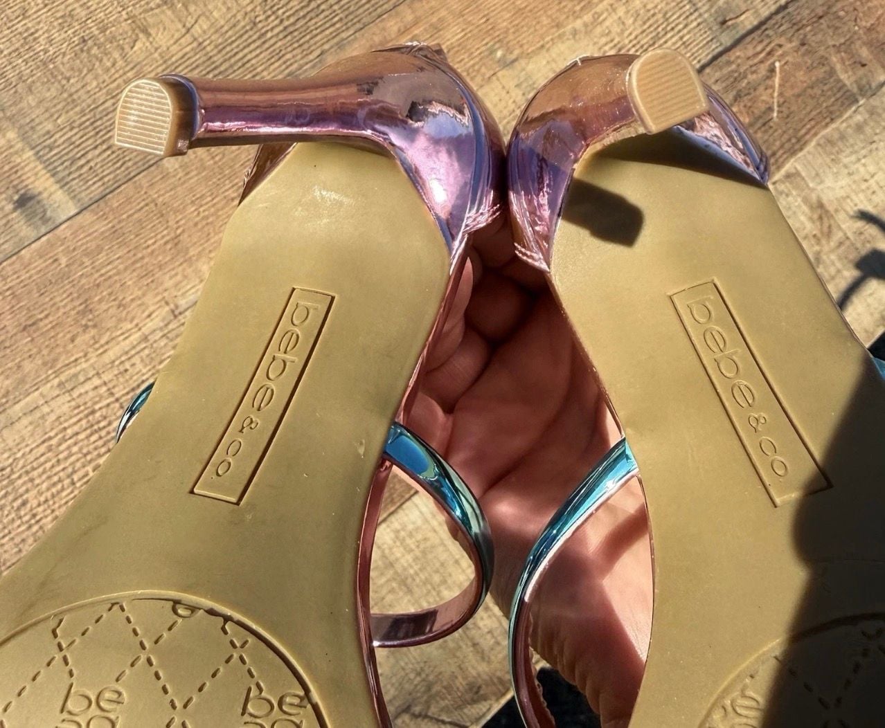 Bebe Berdine Size 8.5 M Pink Metallic Strappy Stiletto Heel Sandals 7