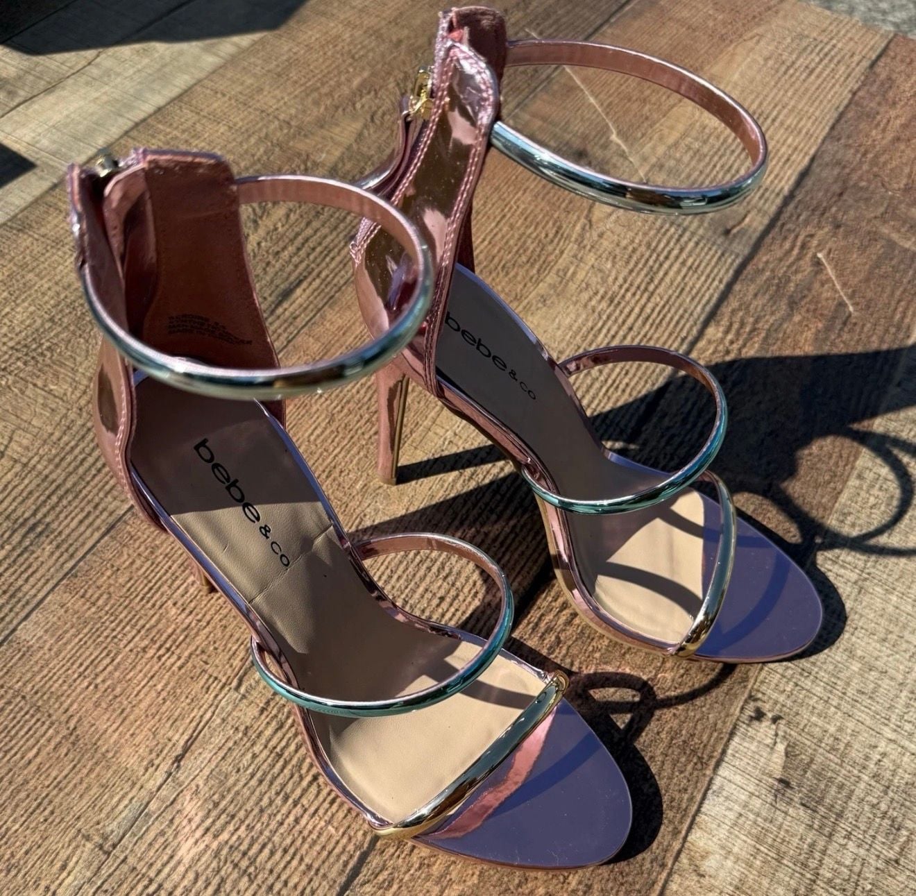Bebe Berdine Size 8.5 M Pink Metallic Strappy Stiletto Heel Sandals 10