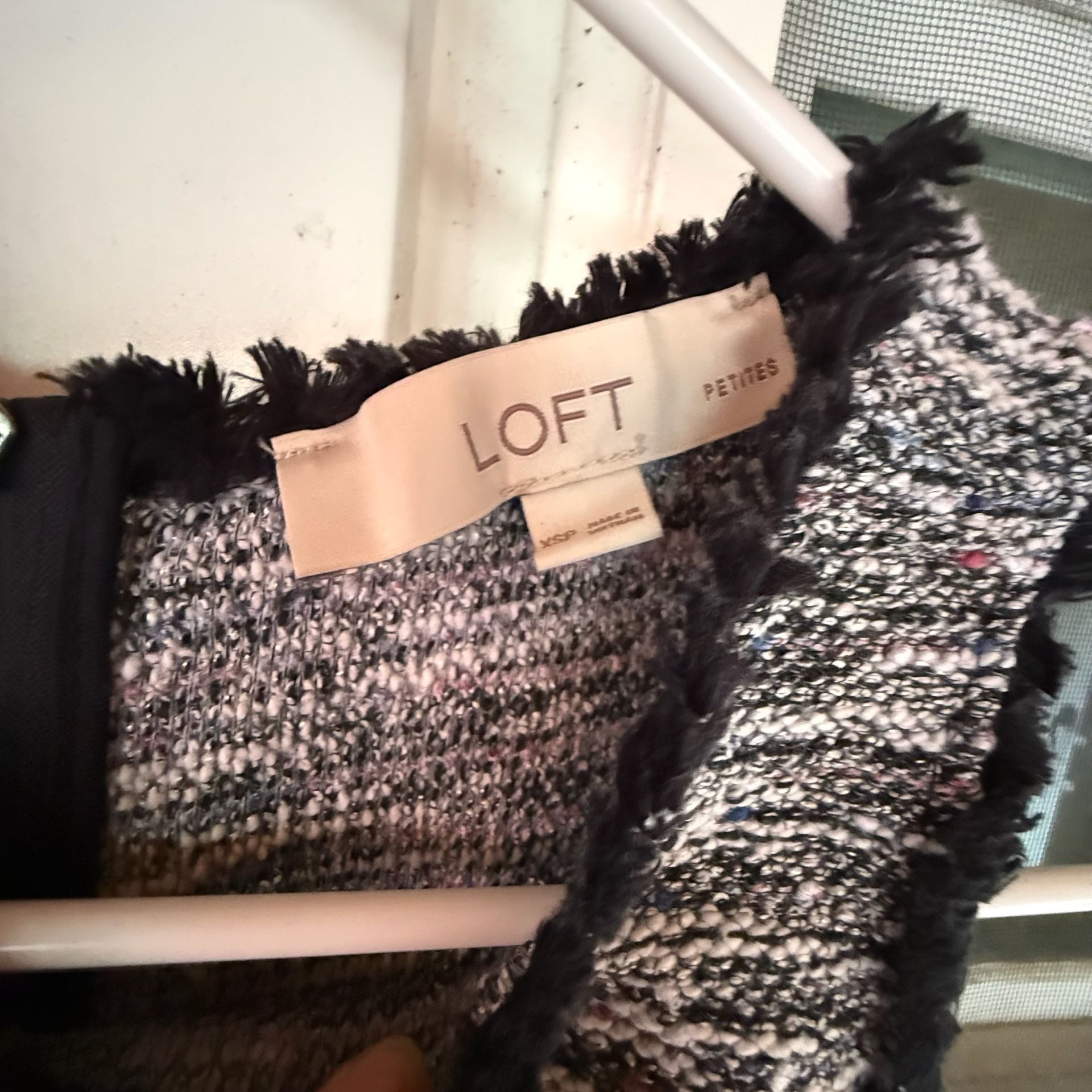 LOFT Tweed Shift Dress Size XSP Black White Sleeveless Fringe 3