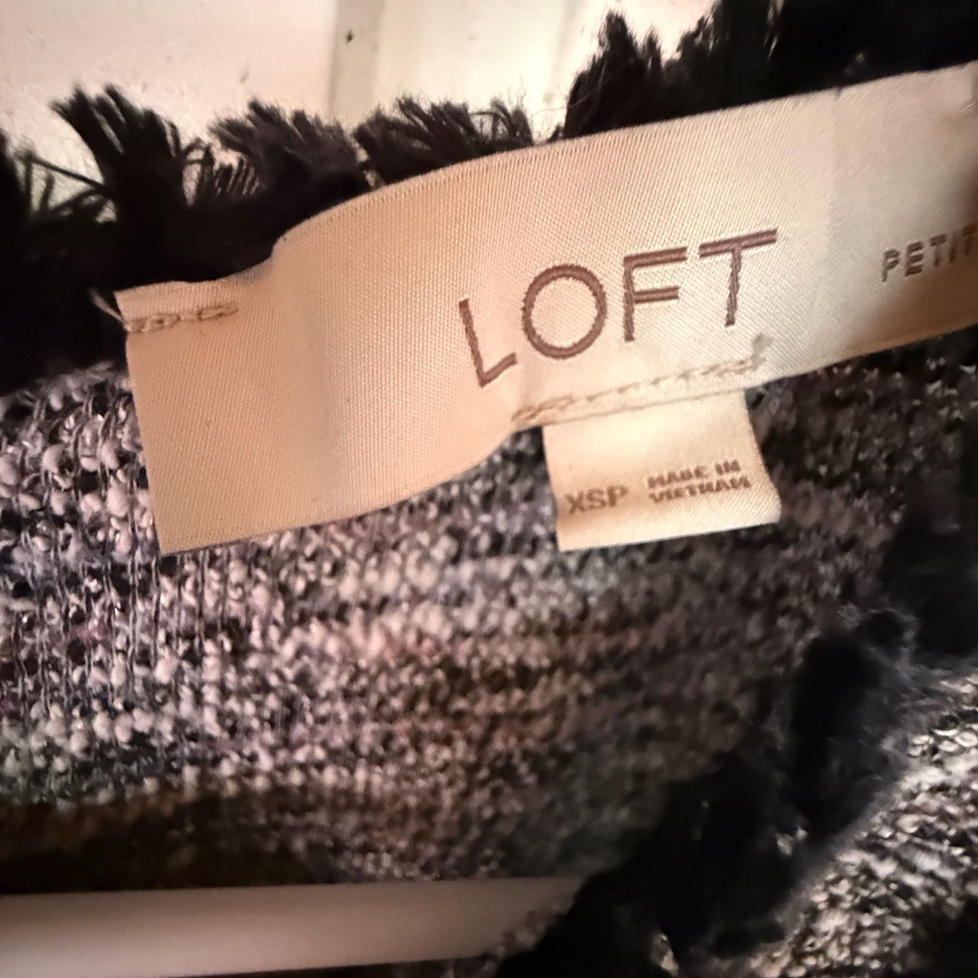 LOFT Tweed Shift Dress Size XSP Black White Sleeveless Fringe 4