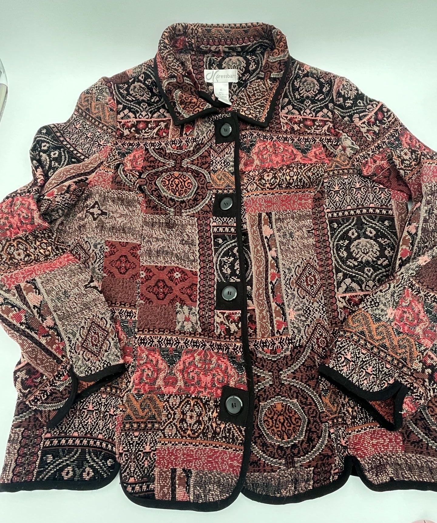 Dressbarn Tapestry Jacket XL Multicolor patchwork, carpet bag blazer scalloped 2