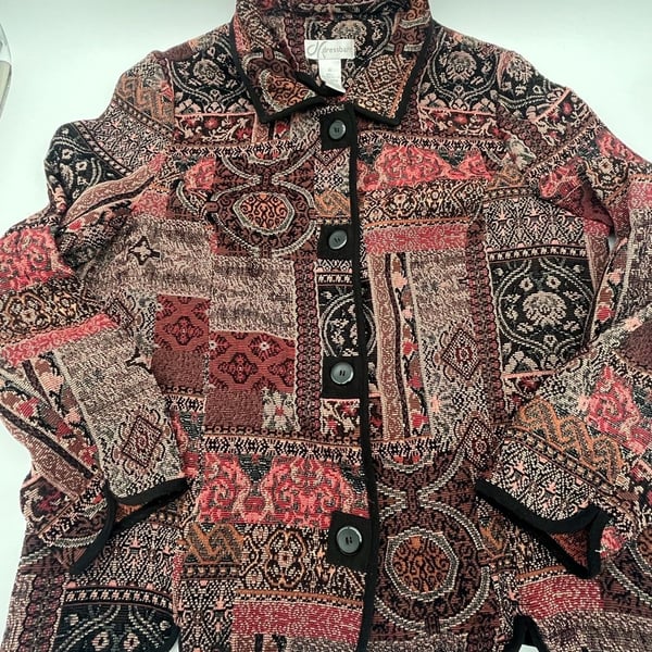 Dressbarn Tapestry Jacket XL Multicolor patchwork, carpet bag blazer scalloped 