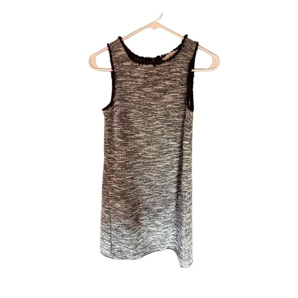 LOFT Tweed Shift Dress Size XSP Black White Sleeveless Fringe