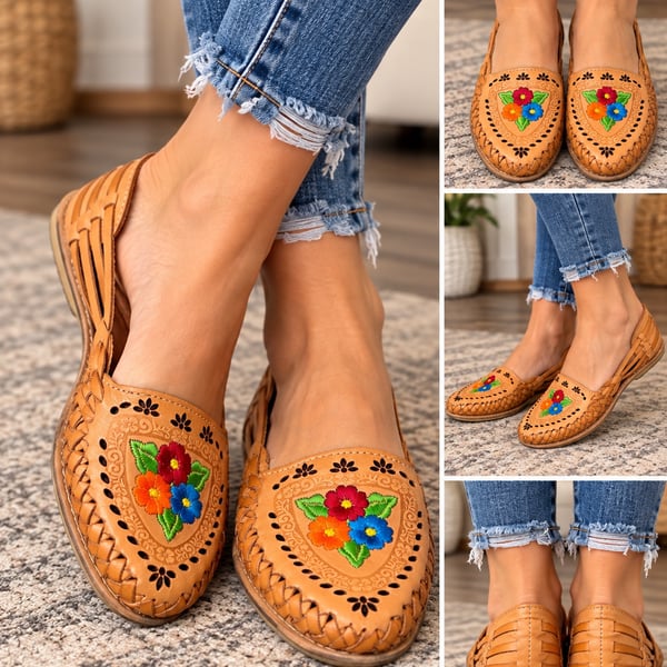 Rodeo Durango Lucia Nuez Colorful Flowers Huarache Tan Leather Flat Women’s 9