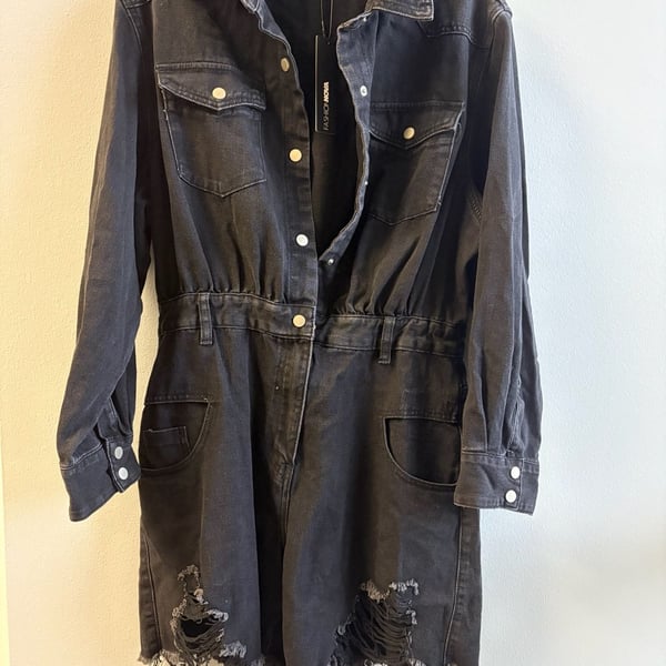 Fashion Nova In My Denim Romper Size XL Black Distressed