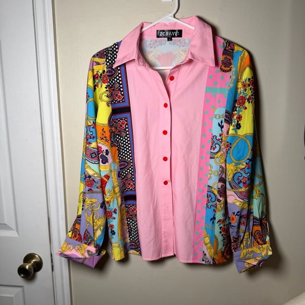 ZCrave Button Up Shirt Size S Pink Multicolor Barocco Print Blouse