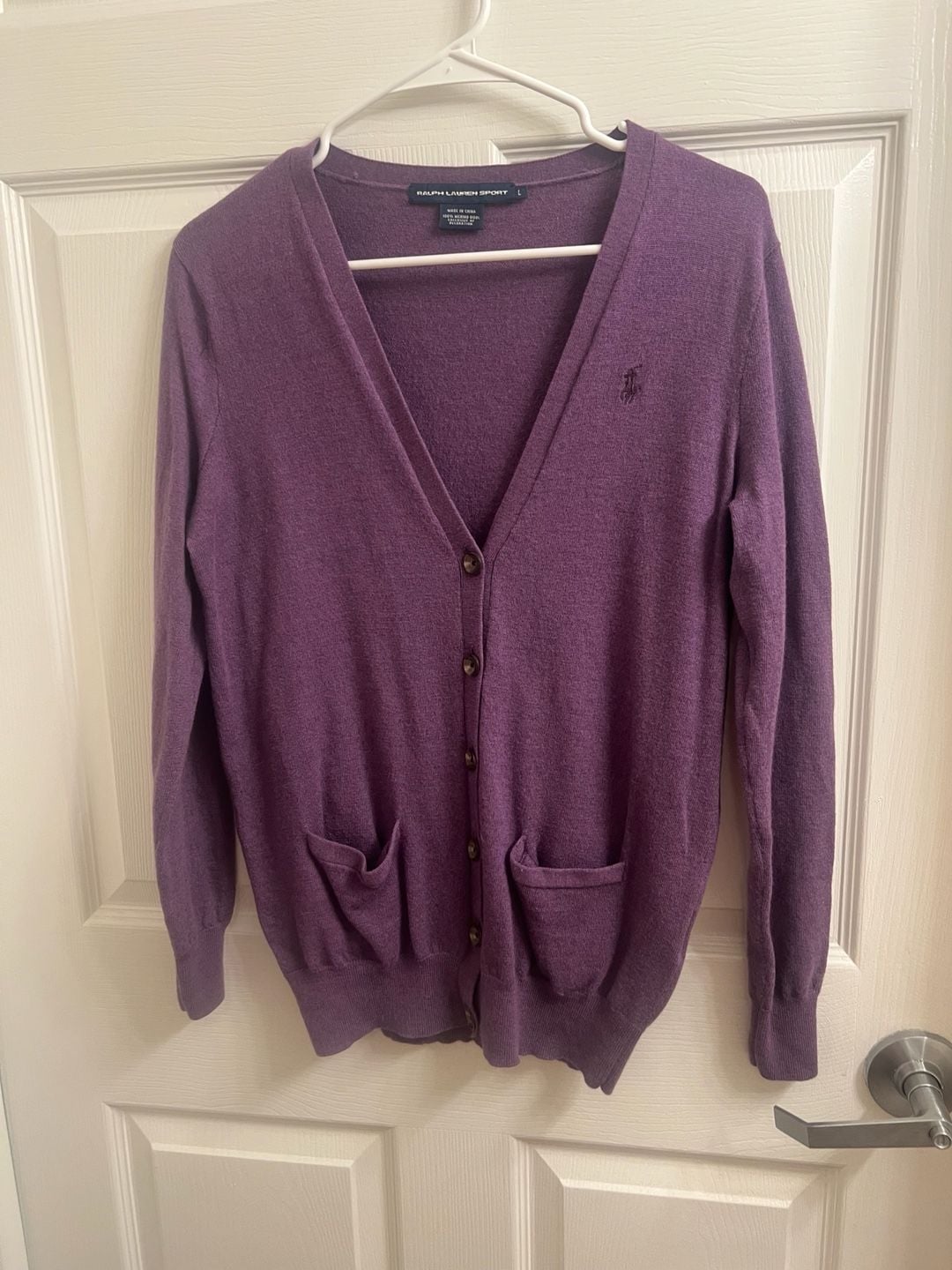 Ralph Lauren Sport Cardigan Size L Purple Merino Wool Sweater Casual Preppy 2