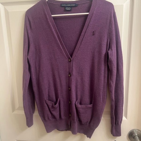Ralph Lauren Sport Cardigan Size L Purple Merino Wool Sweater Casual Preppy