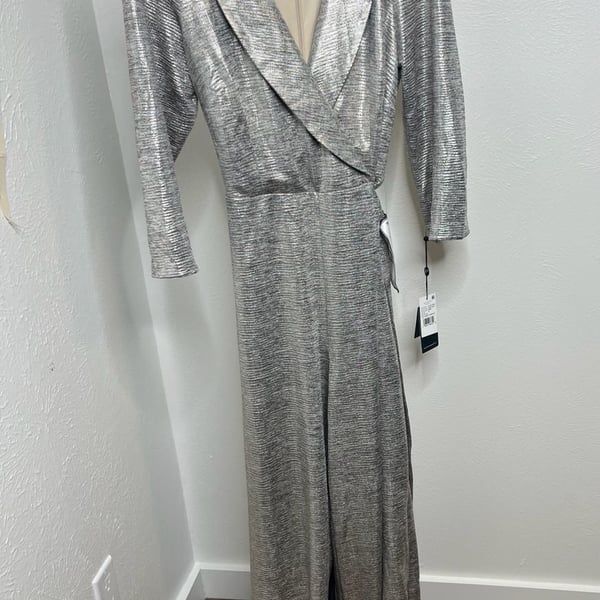 Adrianna Papell Silver Metallic Jumpsuit | Glam Party & Holiday Outfit