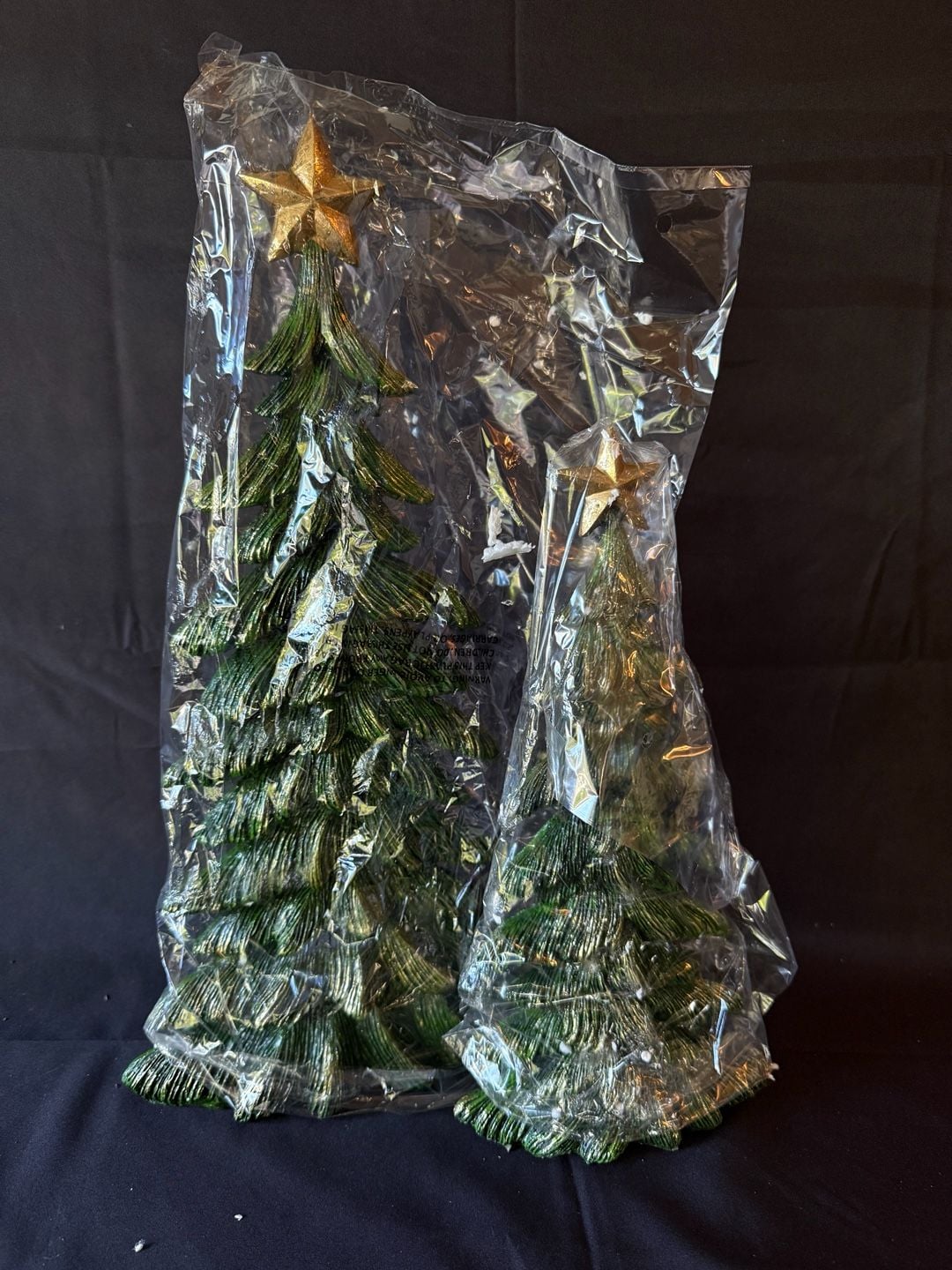 Green Resin Christmas Tree Figurines with Gold Star Toppers Set of 2 1