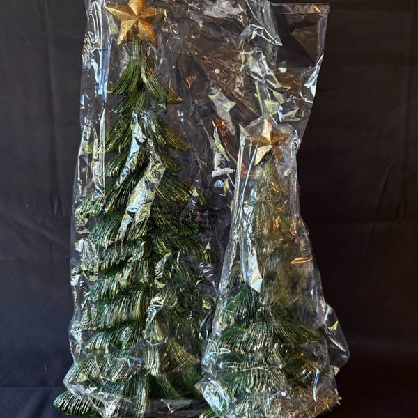 Green Resin Christmas Tree Figurines with Gold Star Toppers Set of 2