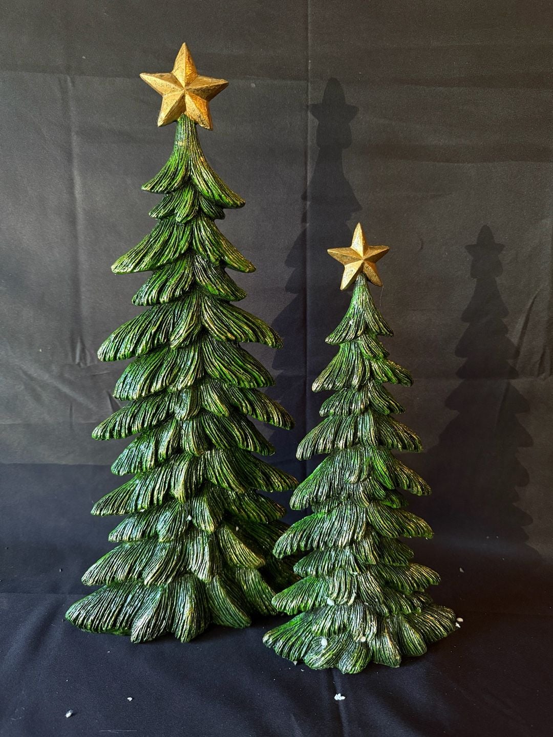 Green Resin Christmas Tree Figurines with Gold Star Toppers Set of 2 2