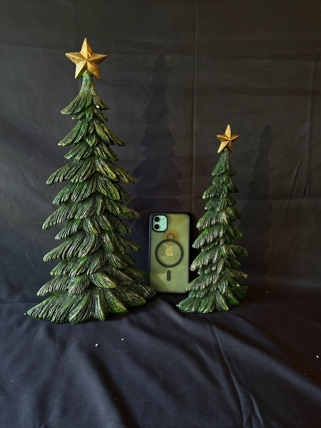Green Resin Christmas Tree Figurines with Gold Star Toppers Set of 2 4