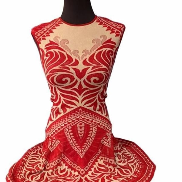 RVN Dress Size M Red White Knit Jacquard Mini Sleeveless