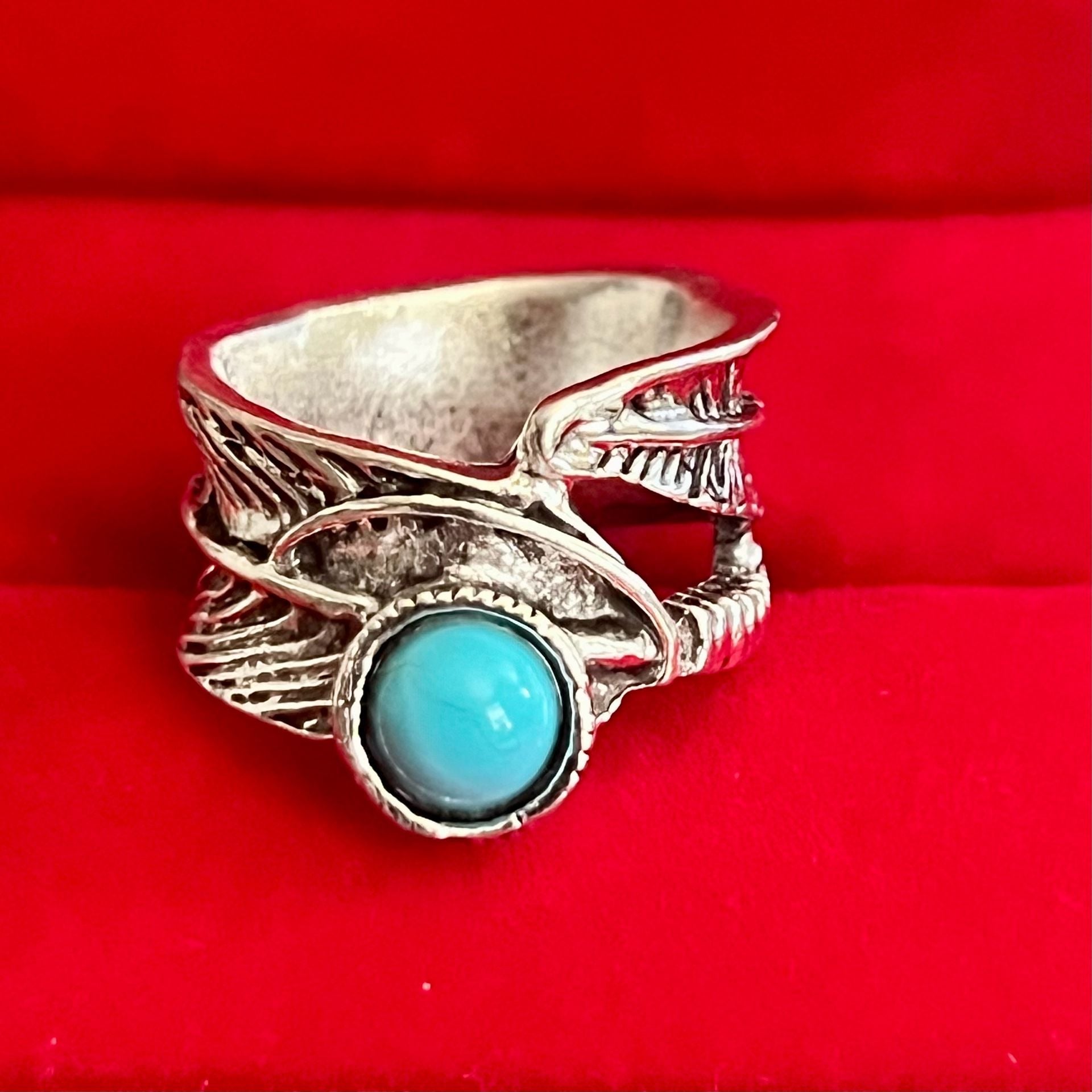 Vintage Turquoise Feather Wrap Titanium Steel Silver Wide Band Size 6 1