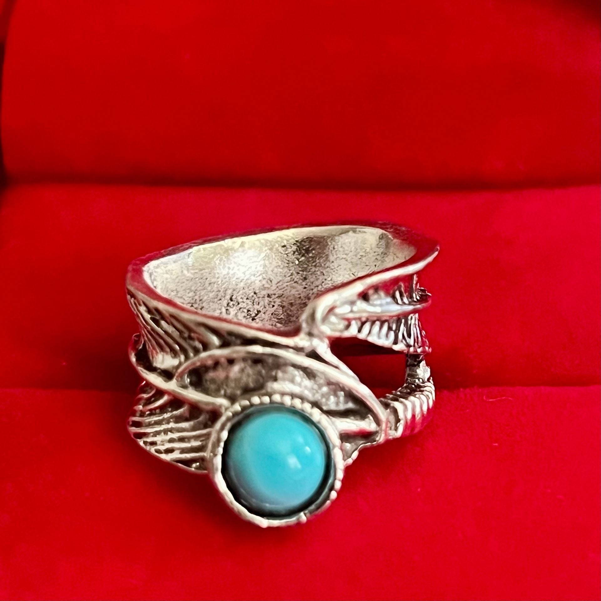 Vintage Turquoise Feather Wrap Titanium Steel Silver Wide Band Size 6 2