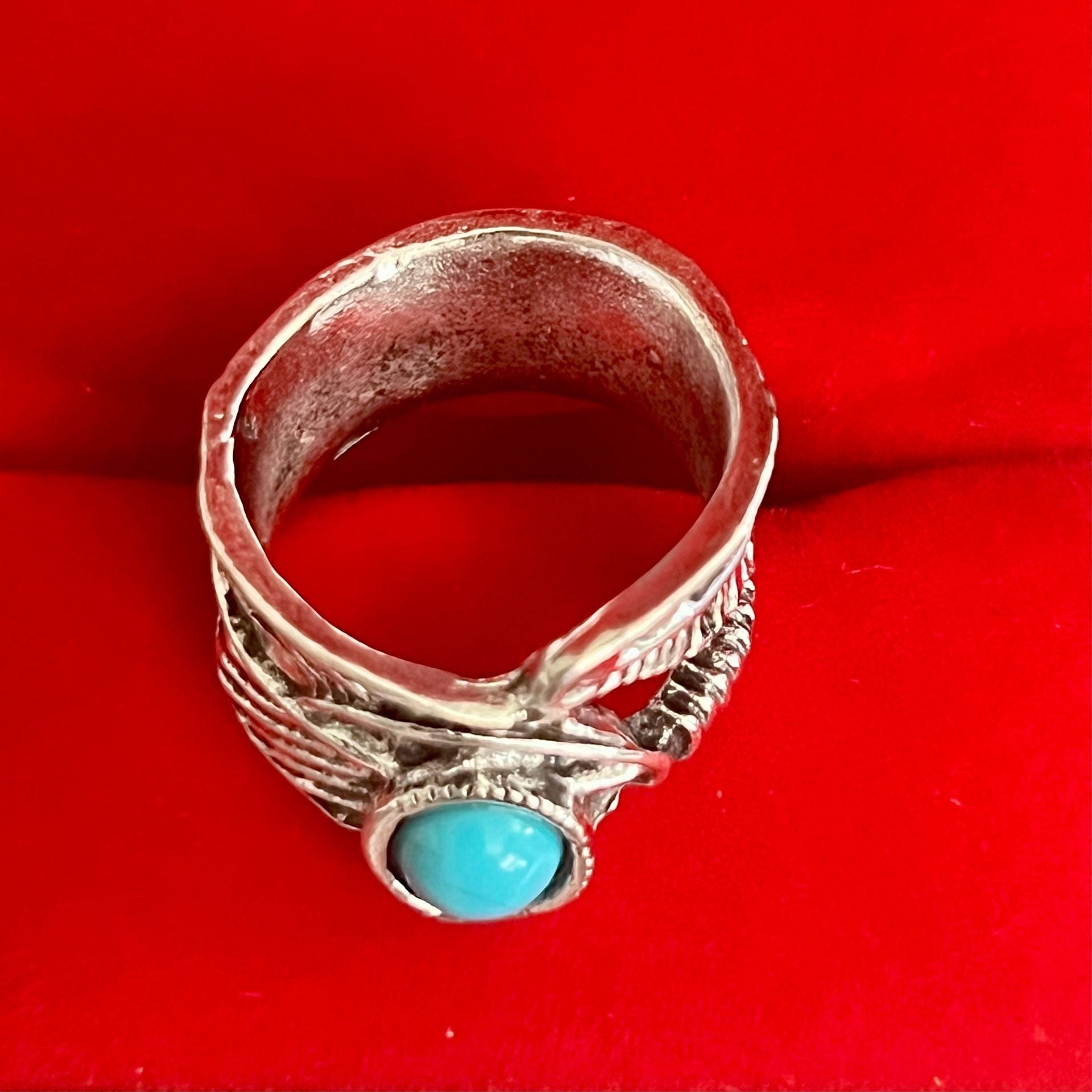 Vintage Turquoise Feather Wrap Titanium Steel Silver Wide Band Size 6 3