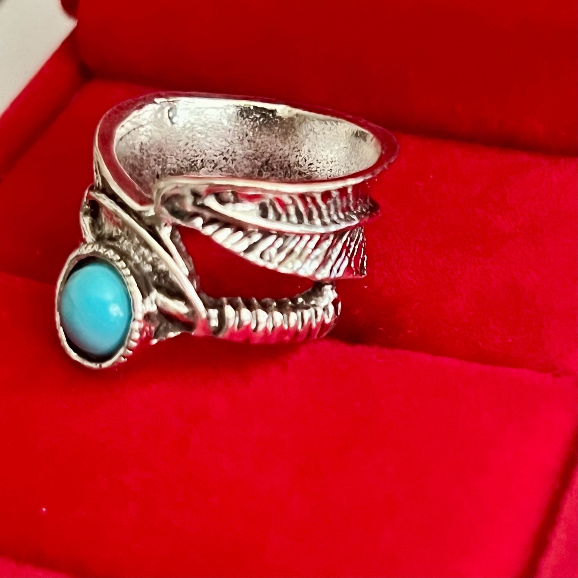 Vintage Turquoise Feather Wrap Titanium Steel Silver Wide Band Size 6 4