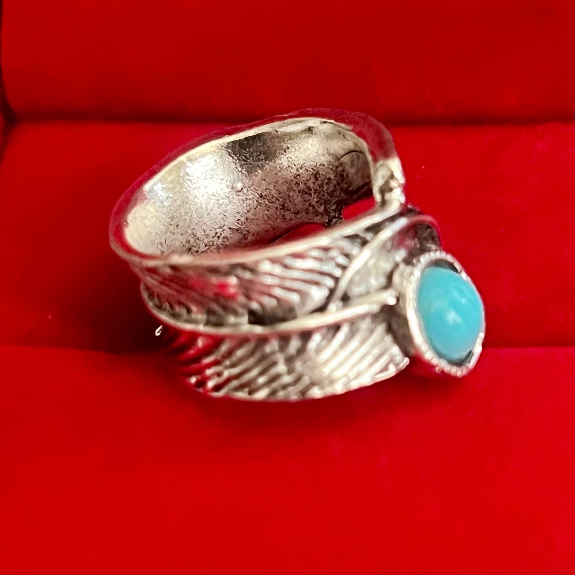 Vintage Turquoise Feather Wrap Titanium Steel Silver Wide Band Size 6 5
