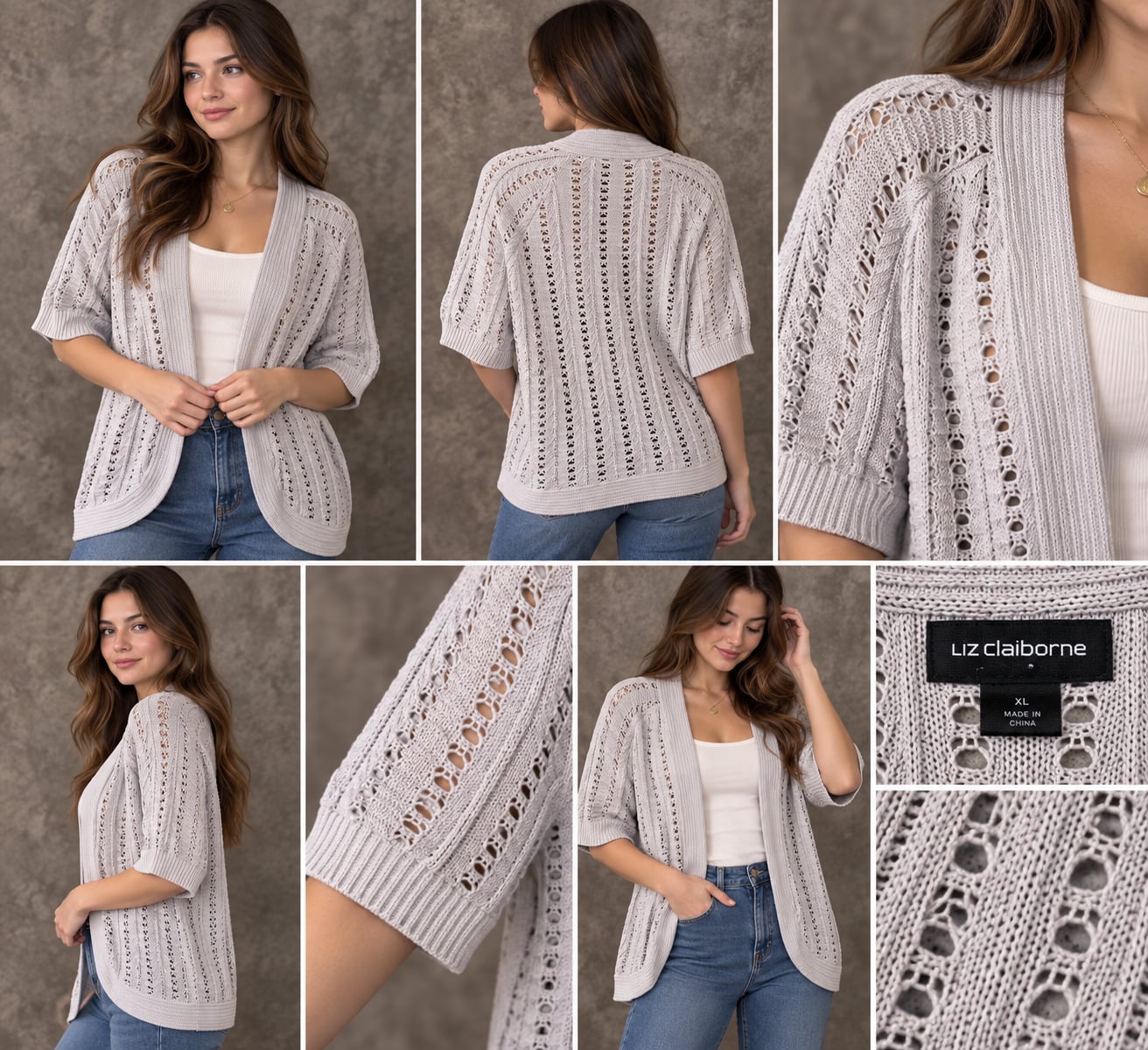 Liz Claiborne Open Front Cardigan Size M Grey Cotton Pointelle Knit 2