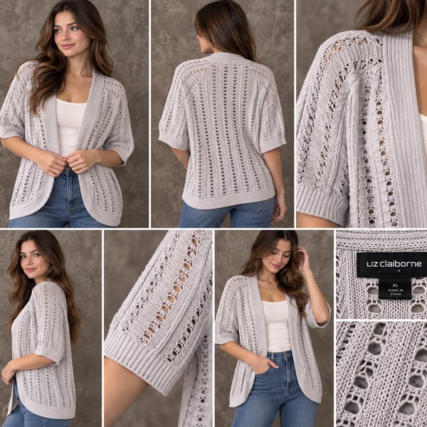 Liz Claiborne Open Front Cardigan Size M Grey Cotton Pointelle Knit