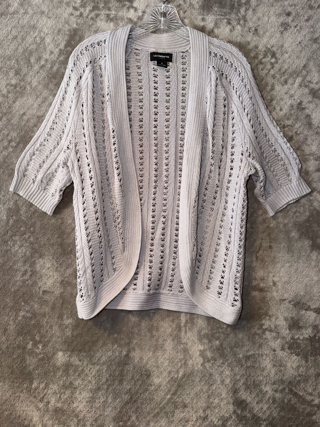 Liz Claiborne Open Front Cardigan Size M Grey Cotton Pointelle Knit 3