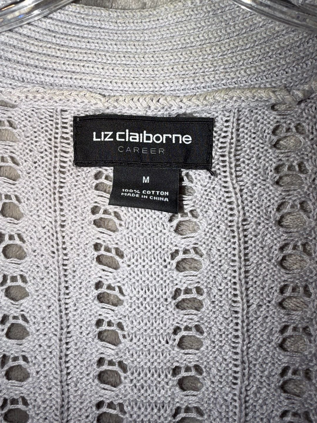 Liz Claiborne Open Front Cardigan Size M Grey Cotton Pointelle Knit 4