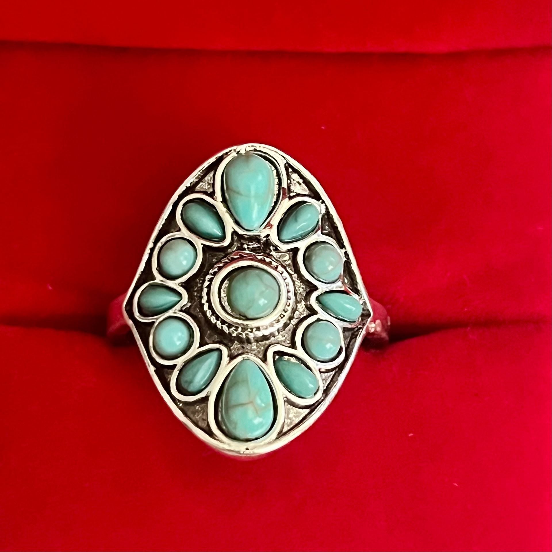 Southwestern Style Faux Turquoise Beaded Titanium Steel Silver Ring Size 9 1