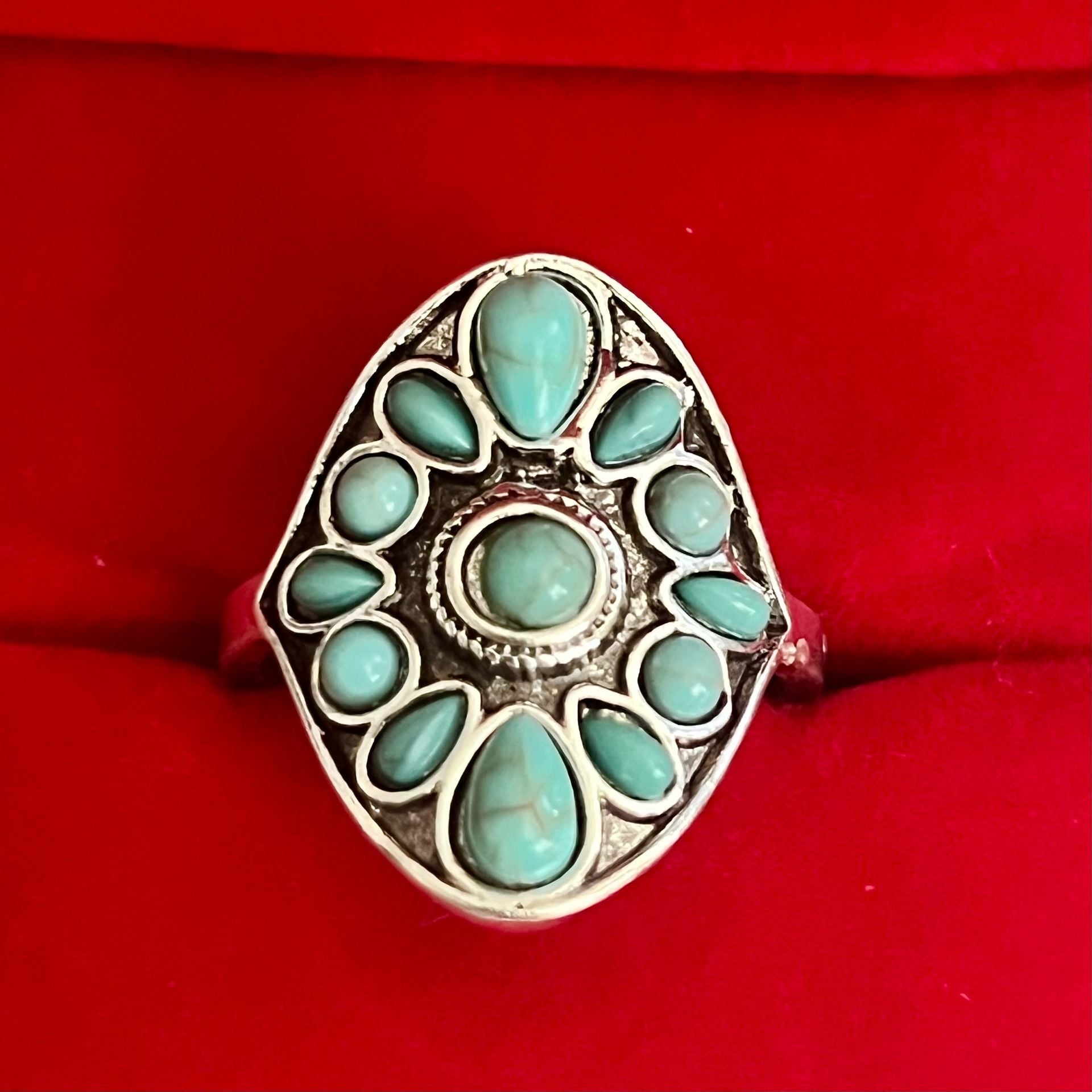 Southwestern Style Faux Turquoise Beaded Titanium Steel Silver Ring Size 9 2