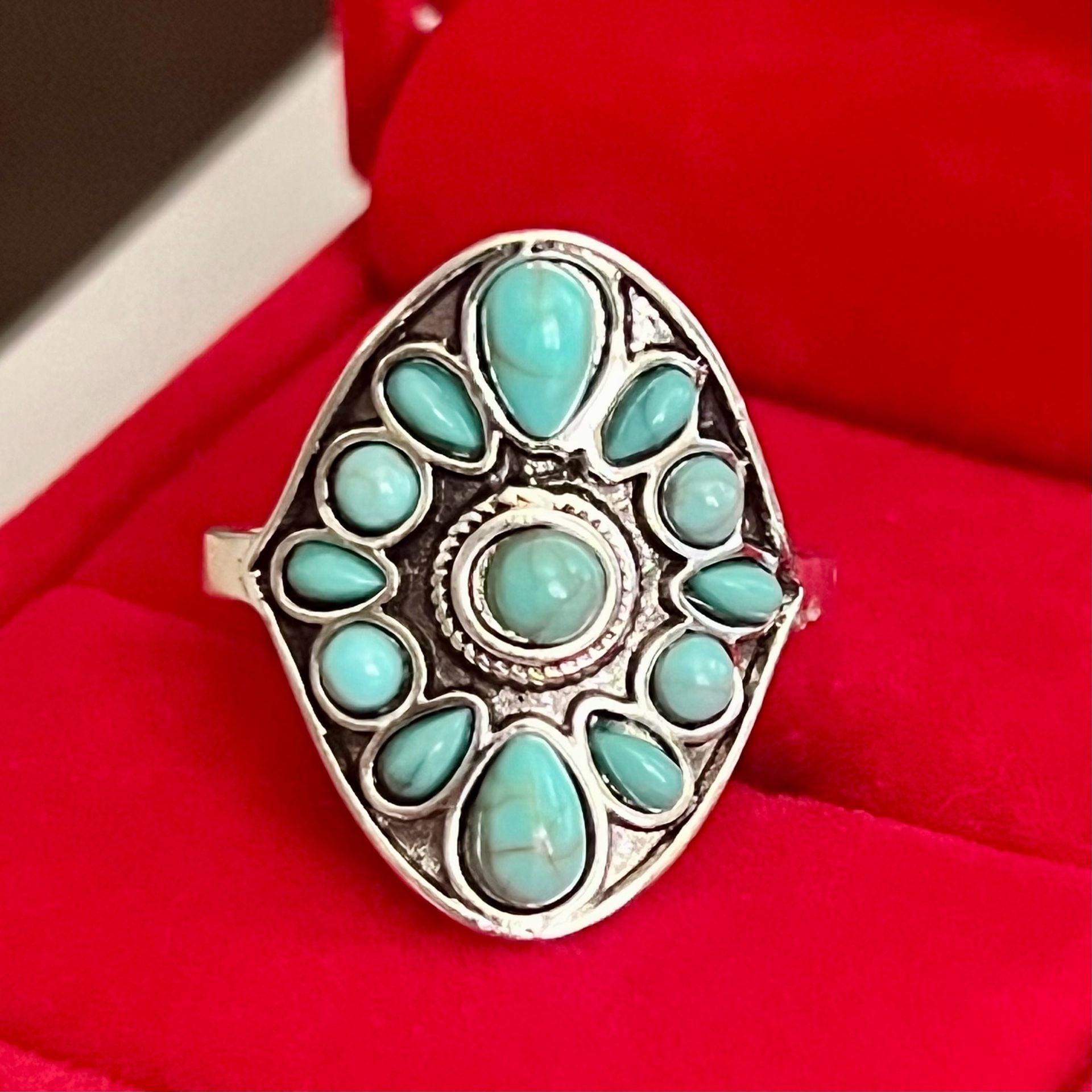 Southwestern Style Faux Turquoise Beaded Titanium Steel Silver Ring Size 9 3
