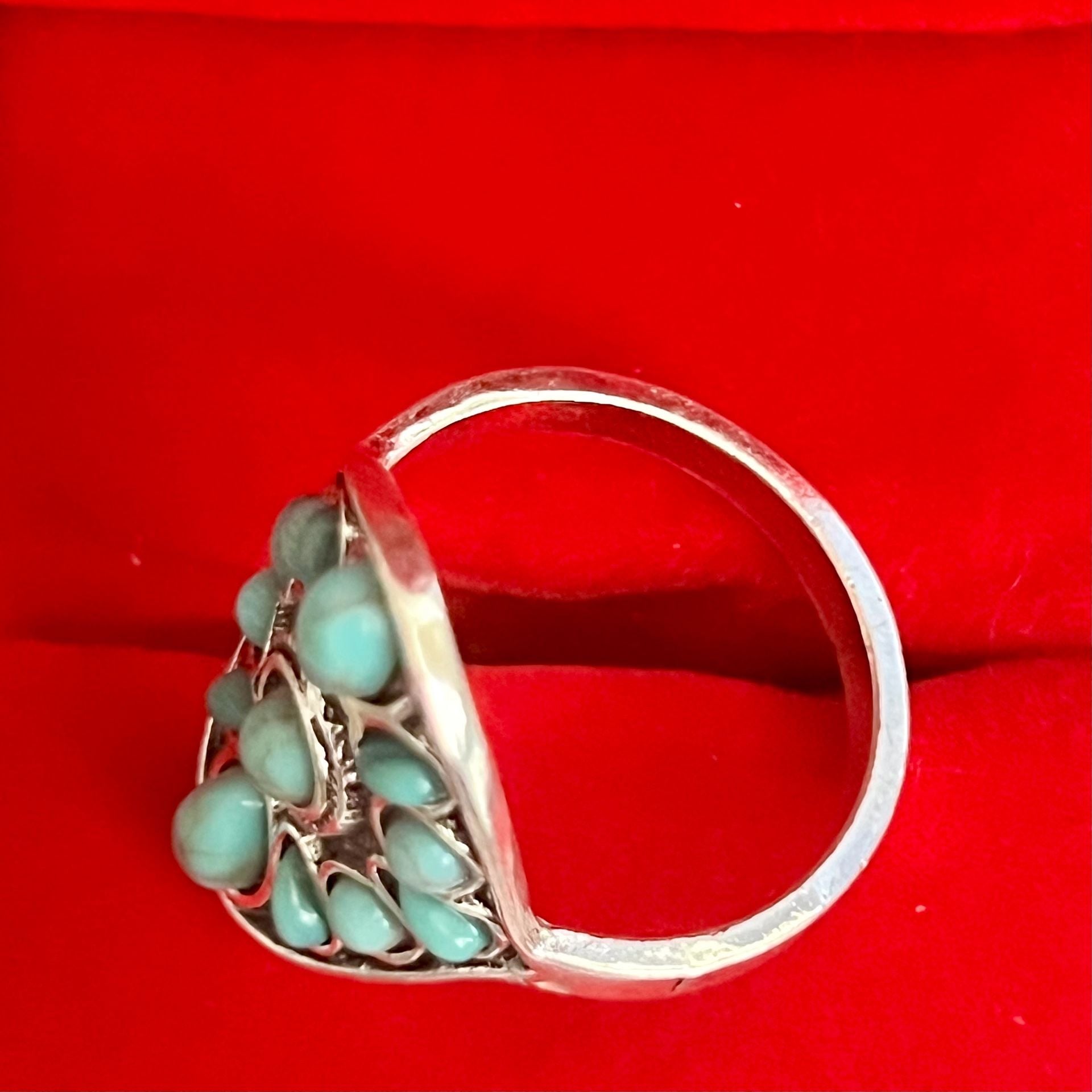 Southwestern Style Faux Turquoise Beaded Titanium Steel Silver Ring Size 9 4