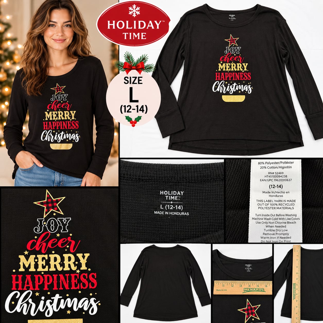Holiday Time Women’s Large Christmas Graphic Black Thermal LS Top 12-14 2
