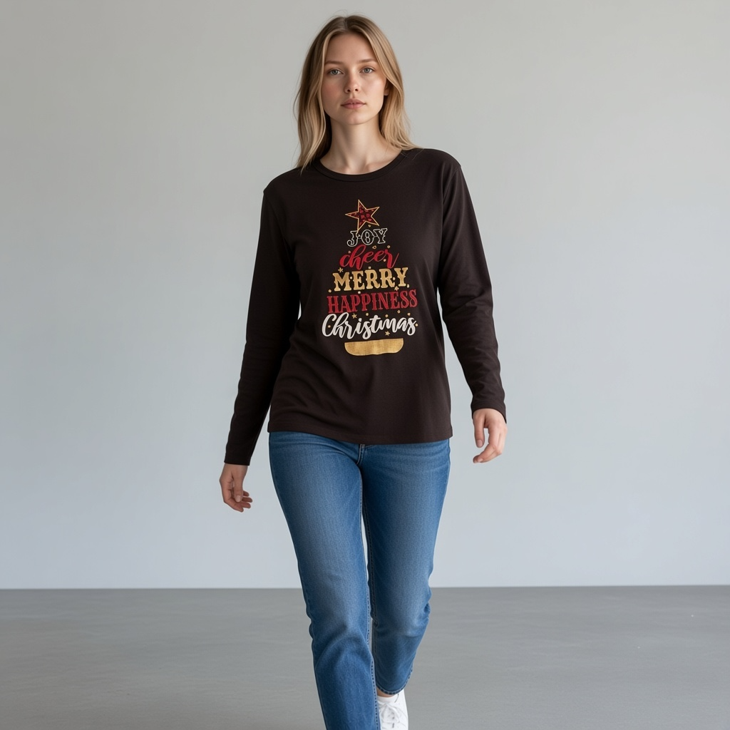 Holiday Time Women’s Large Christmas Graphic Black Thermal LS Top 12-14 3