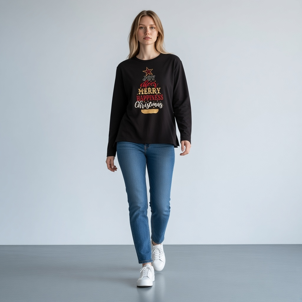 Holiday Time Women’s Large Christmas Graphic Black Thermal LS Top 12-14 4