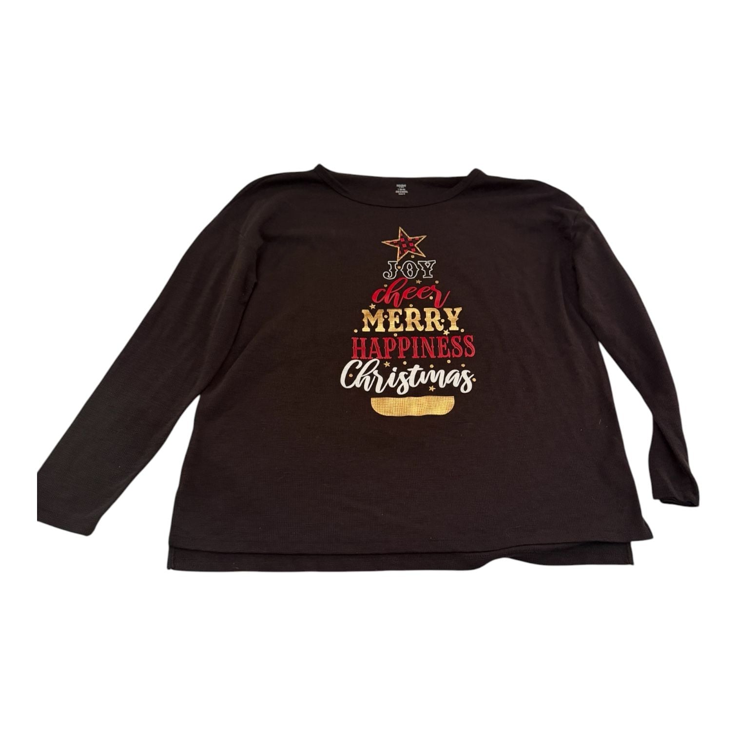 Holiday Time Women’s Large Christmas Graphic Black Thermal LS Top 12-14 5